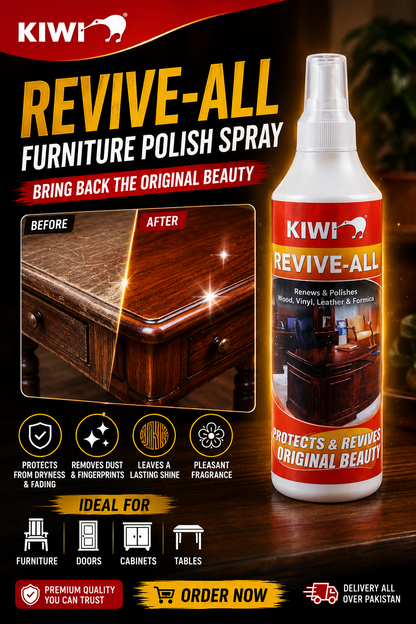 Kiwi Revive All Spray Furniture Polish 250ml: Renew, Protect, and Restore Your Home's Beauty